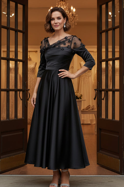 Navy Mother of the Bride Dresses 3/4 Sleeves Floral Tea-Length 3D Flower