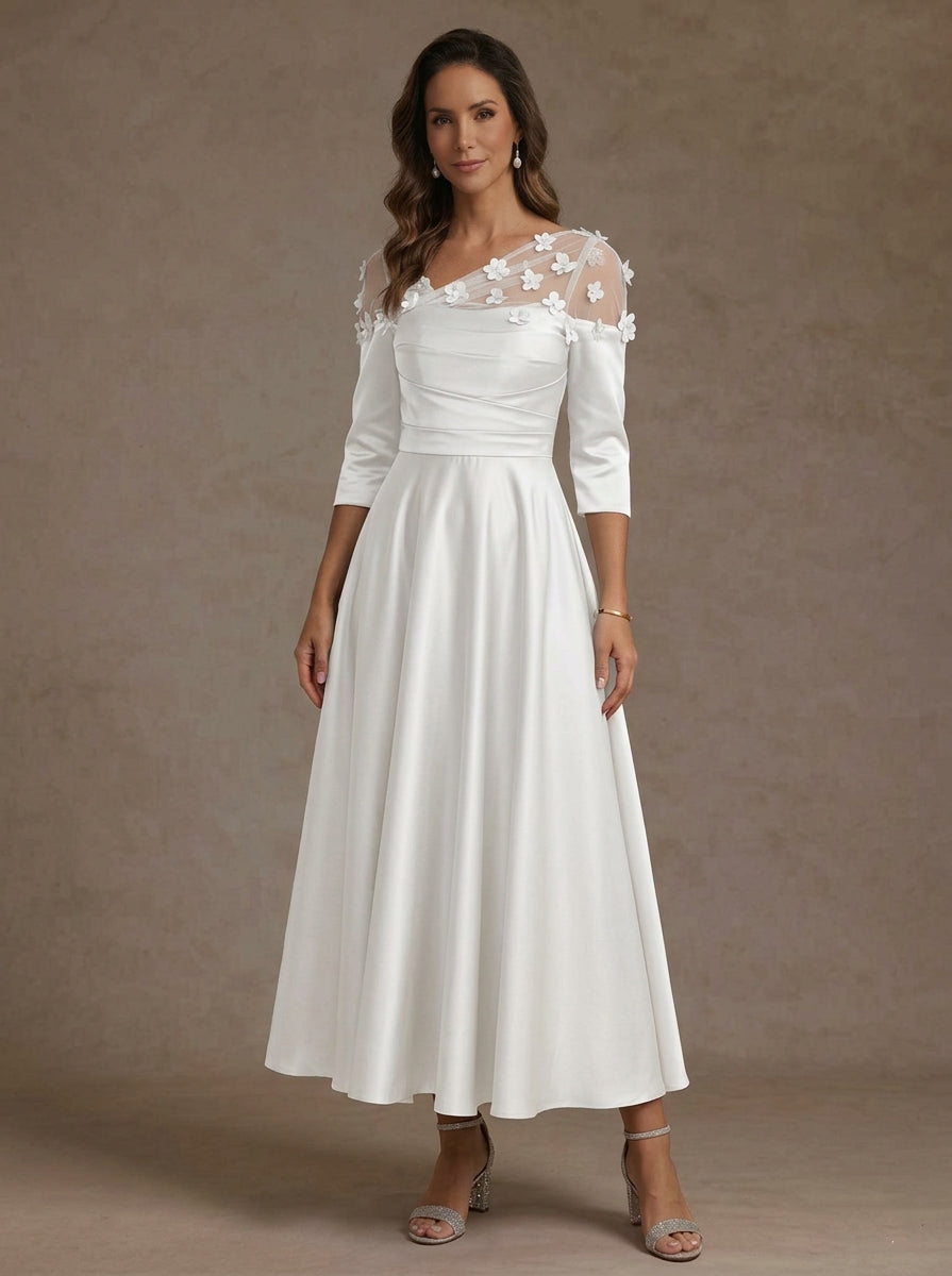 Navy Mother of the Bride Dresses 3/4 Sleeves Floral Tea-Length 3D Flower
