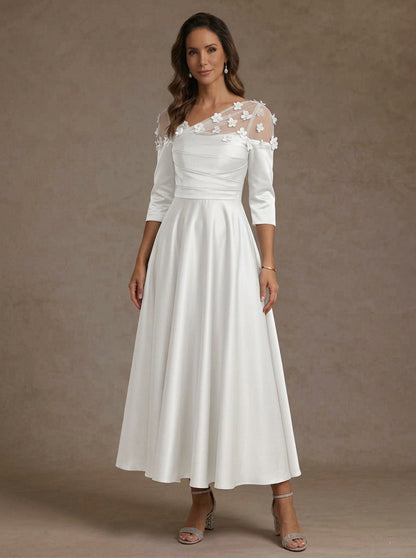 Navy Mother of the Bride Dresses 3/4 Sleeves Floral Tea-Length 3D Flower