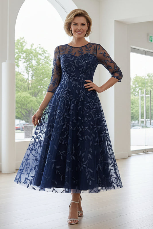Scoop Lace Sequins Mother of the Bride Dresses  Floral Tea-Length