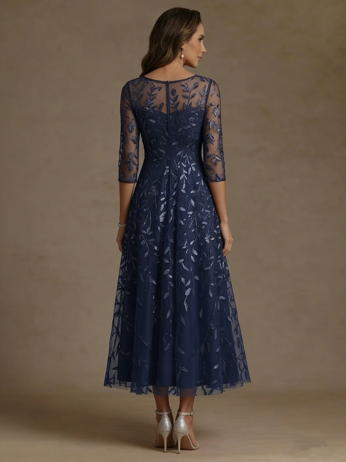 Scoop Lace Sequins Mother of the Bride Dresses  Floral Tea-Length