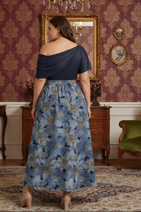 One-Shoulder Satin Plus Size Mother of the Bride Dresses Floral Short Sleeves Ankle Length