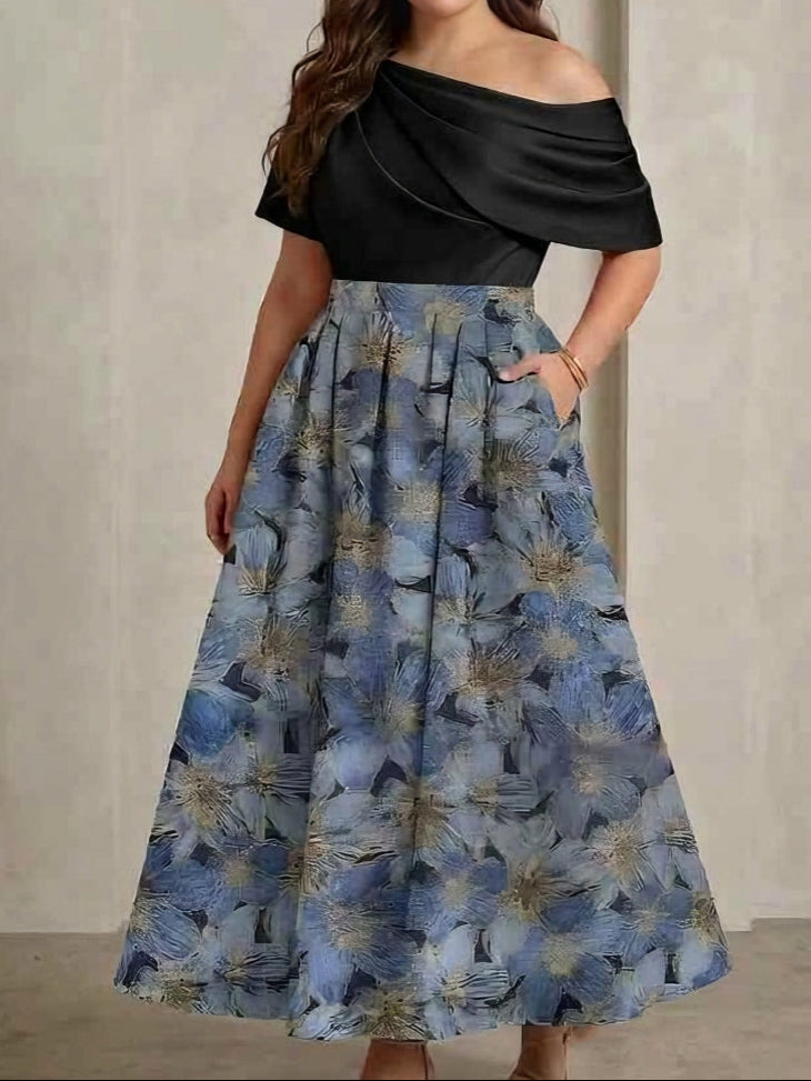 One-Shoulder Satin Plus Size Mother of the Bride Dresses Floral Short Sleeves Ankle Length