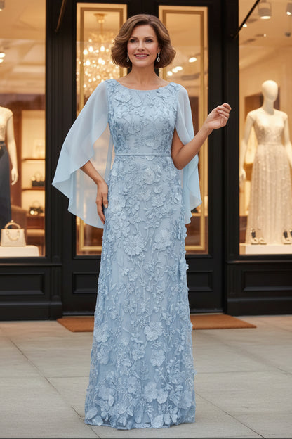 A-Line Scoop Chiffon Mother of the Bride Dresses Lace Floral Floor-Length Cape Sleeves