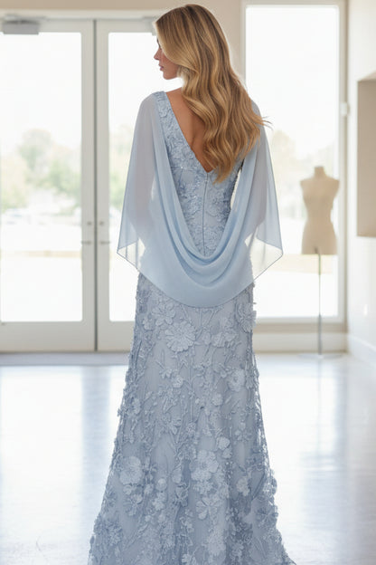 A-Line Scoop Chiffon Mother of the Bride Dresses Lace Floral Floor-Length Cape Sleeves