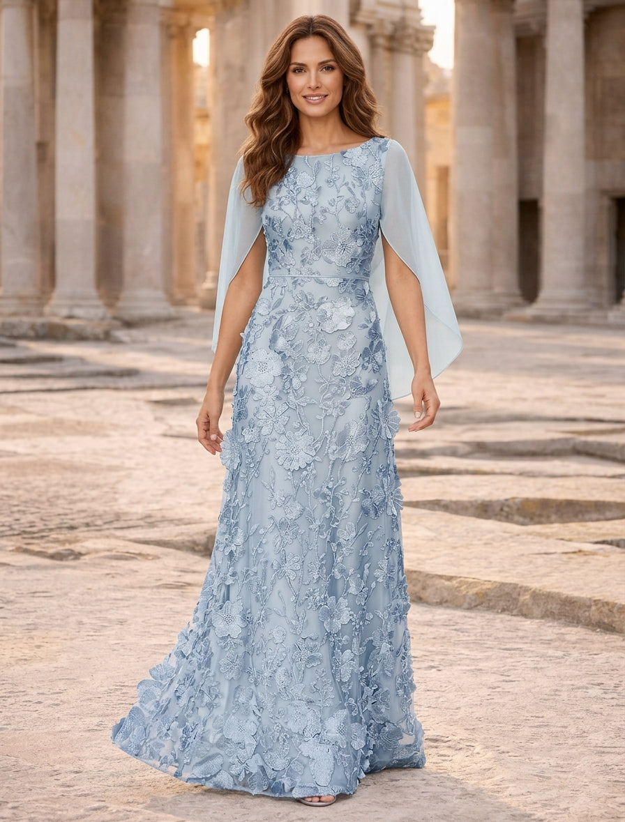 A-Line Scoop Chiffon Mother of the Bride Dresses Lace Floral Floor-Length Cape Sleeves