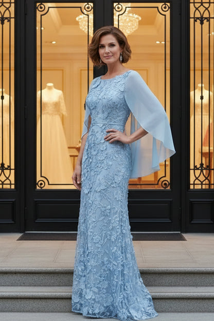 A-Line Scoop Chiffon Mother of the Bride Dresses Lace Floral Floor-Length Cape Sleeves