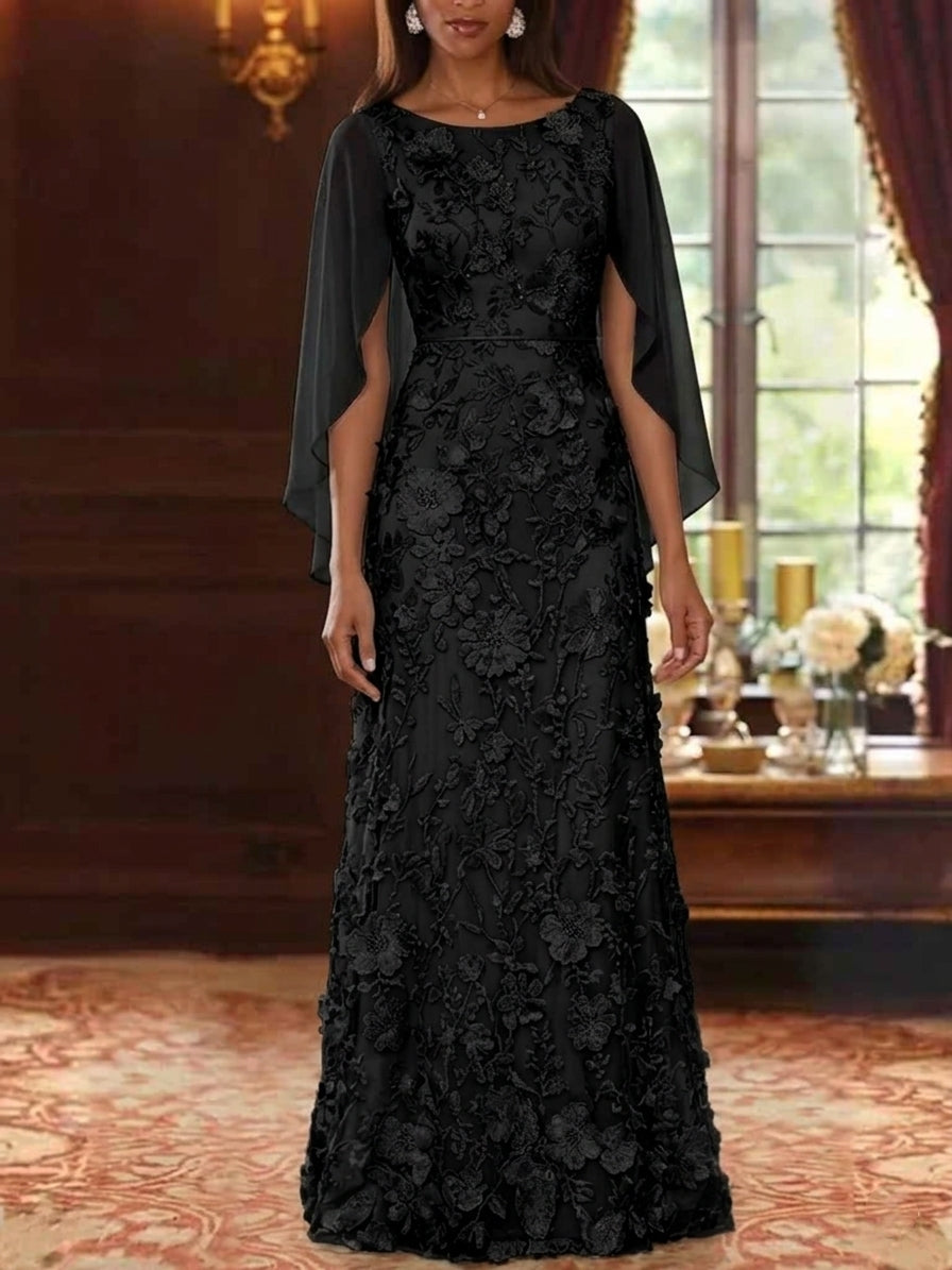 A-Line Scoop Chiffon Mother of the Bride Dresses Lace Floral Floor-Length Cape Sleeves