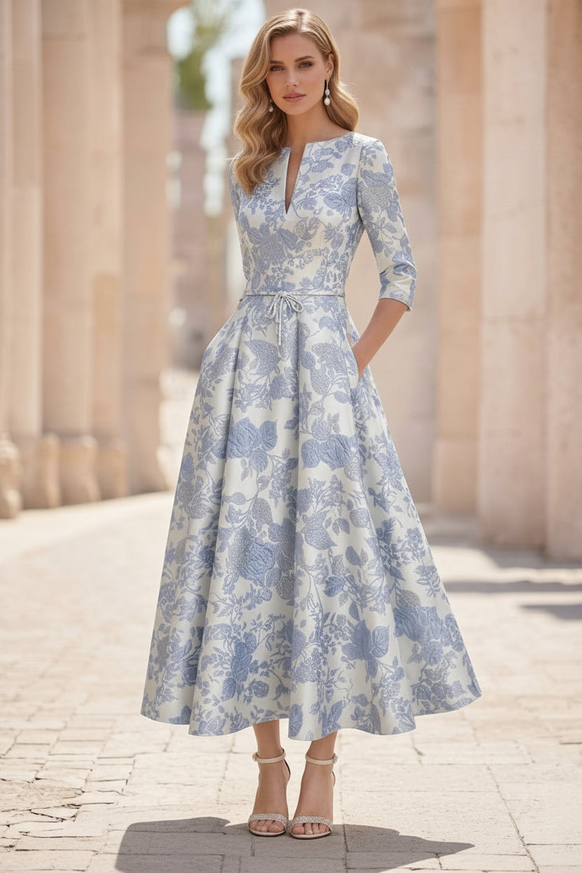 Floral Tea-Length Half Sleeves Ruffles Mother of the Bride Dresses