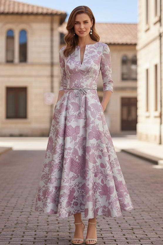 Floral Tea-Length Half Sleeves Ruffles Mother of the Bride Dresses
