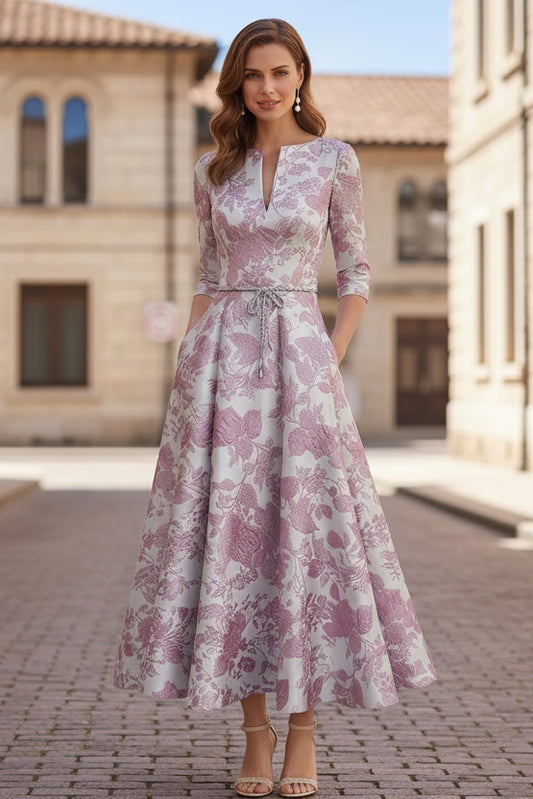 Floral Tea-Length Half Sleeves Ruffles Mother of the Bride Dresses