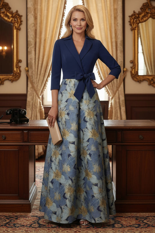 Shirt Collar Stretch Satin Mother of the Bride Dresses Floral 3/4 Sleeves Ankle Length Bowknot