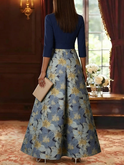 Shirt Collar Stretch Satin Mother of the Bride Dresses Floral 3/4 Sleeves Ankle Length Bowknot