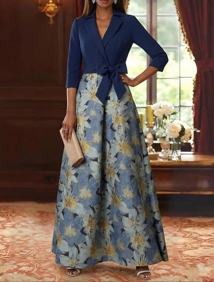 Shirt Collar Stretch Satin Mother of the Bride Dresses Floral 3/4 Sleeves Ankle Length Bowknot