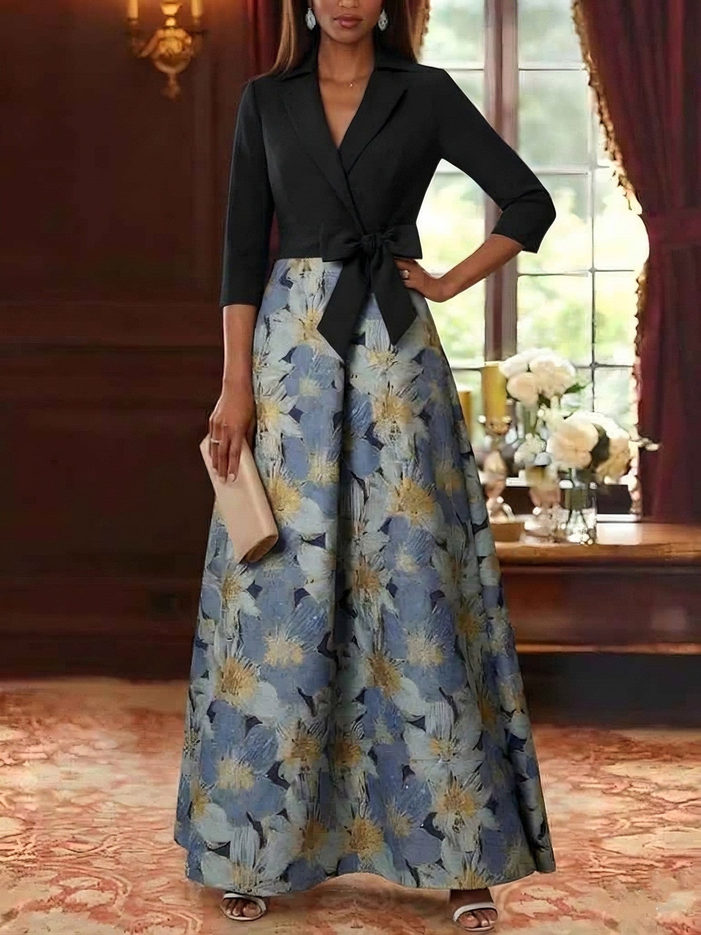 Shirt Collar Stretch Satin Mother of the Bride Dresses Floral 3/4 Sleeves Ankle Length Bowknot