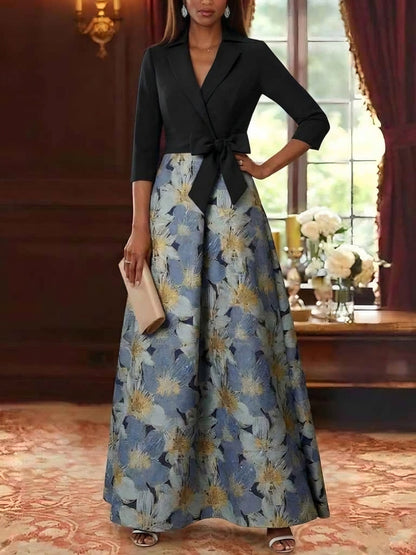 Shirt Collar Stretch Satin Mother of the Bride Dresses Floral 3/4 Sleeves Ankle Length Bowknot