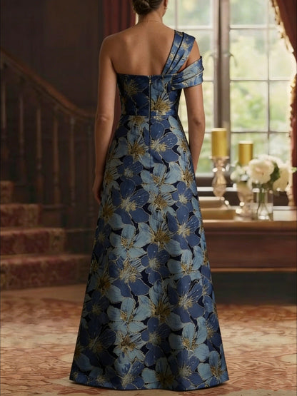 Elegant One-Shoulder Jacquard Mother of the Bride Dresses Floral Floor-Length Sleeveless