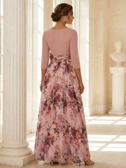 3/4 SleevesV-Neck Elastic Floral Chiffon Mother of the Bride Dresses with 3D Flower