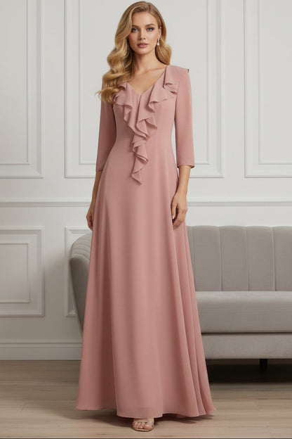 V-Neck Chiffon Mother of the Bride Dresses Floor-Length 3/4 Sleeves Ruffles