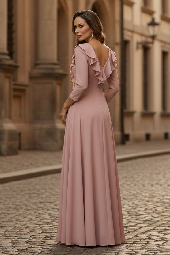 V-Neck Chiffon Mother of the Bride Dresses Floor-Length 3/4 Sleeves Ruffles