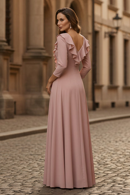 V-Neck Chiffon Mother of the Bride Dresses Floor-Length 3/4 Sleeves Ruffles