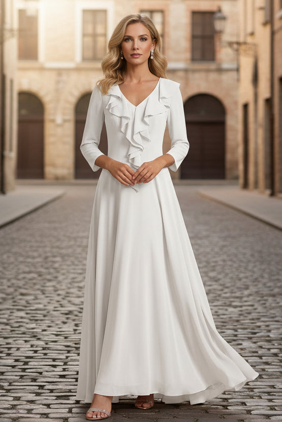 V-Neck Chiffon Mother of the Bride Dresses Floor-Length 3/4 Sleeves Ruffles