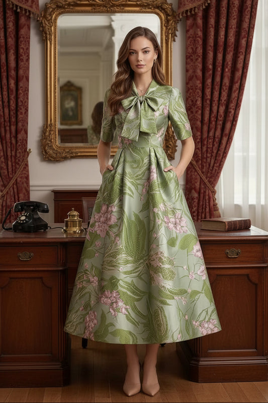 A-Line Printed Satin Mother of the Bride Dresses with Bowknot Floral Tea-Length Half Sleeves