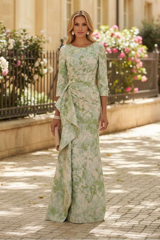 Floral 3/4 Sleeves Floor-Length Ruffles Mother of the Bride Dresses
