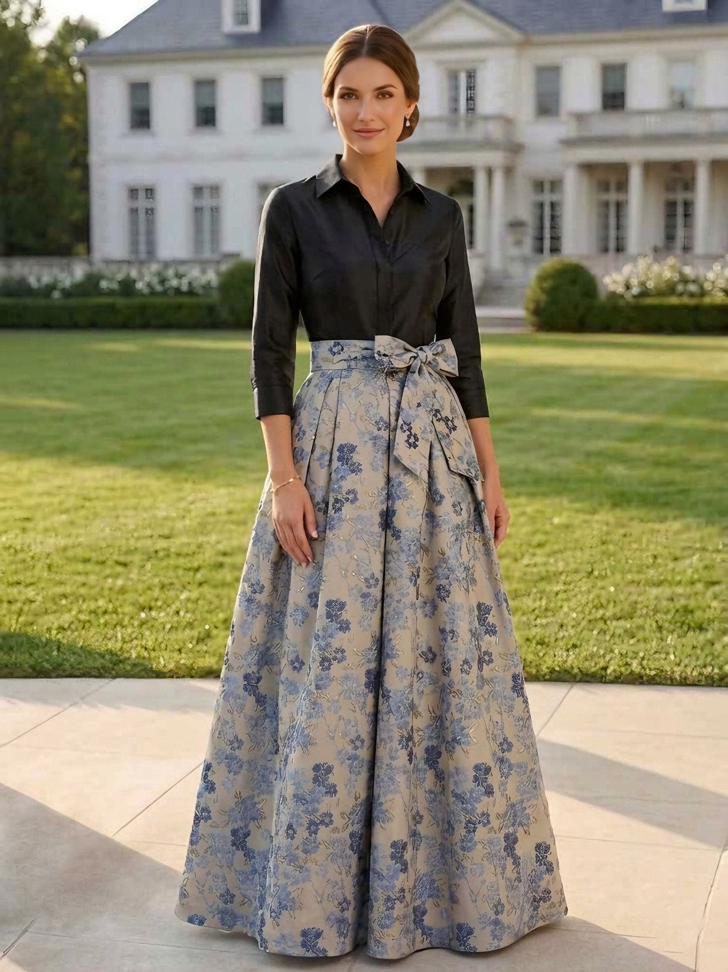 Elgant Floral 3/4 Sleeves Floor Length Mother of the Bride Dresses With Bowknot