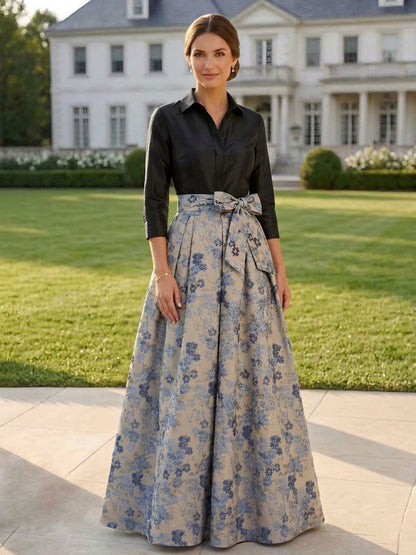 Elgant Floral 3/4 Sleeves Floor Length Mother of the Bride Dresses With Bowknot
