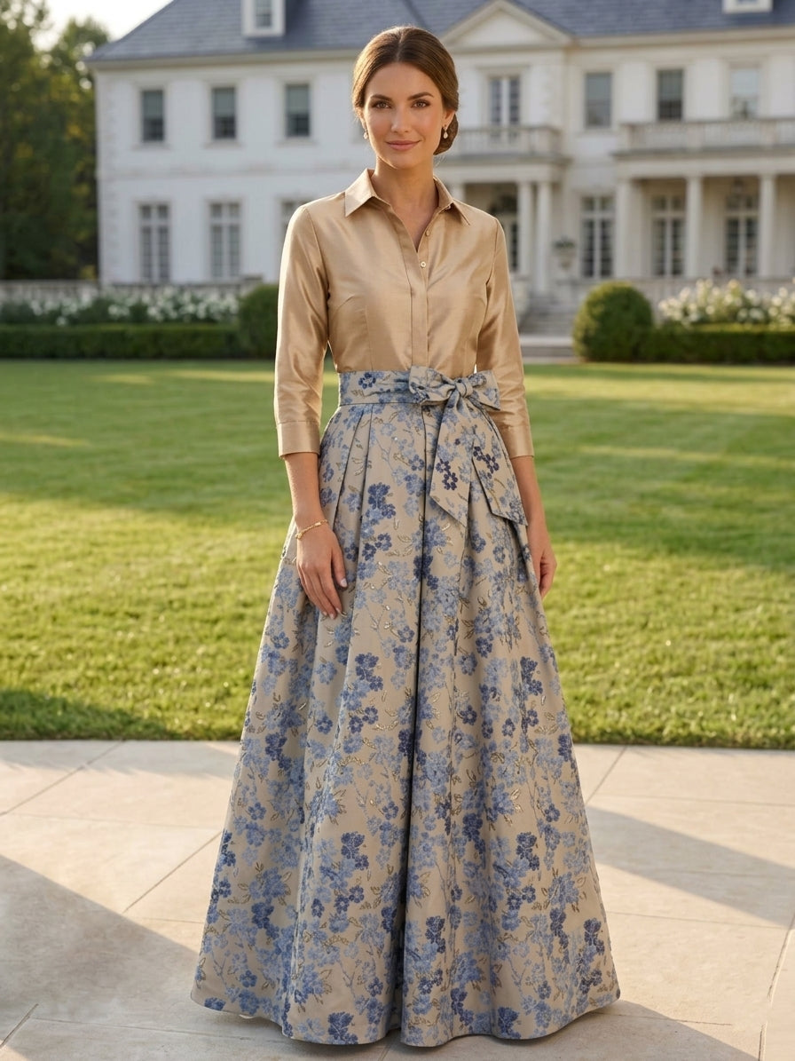 Elgant Floral 3/4 Sleeves Floor Length Mother of the Bride Dresses With Bowknot