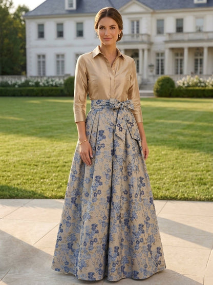 Elgant Floral 3/4 Sleeves Floor Length Mother of the Bride Dresses With Bowknot