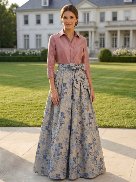 Elgant Floral 3/4 Sleeves Floor Length Mother of the Bride Dresses With Bowknot