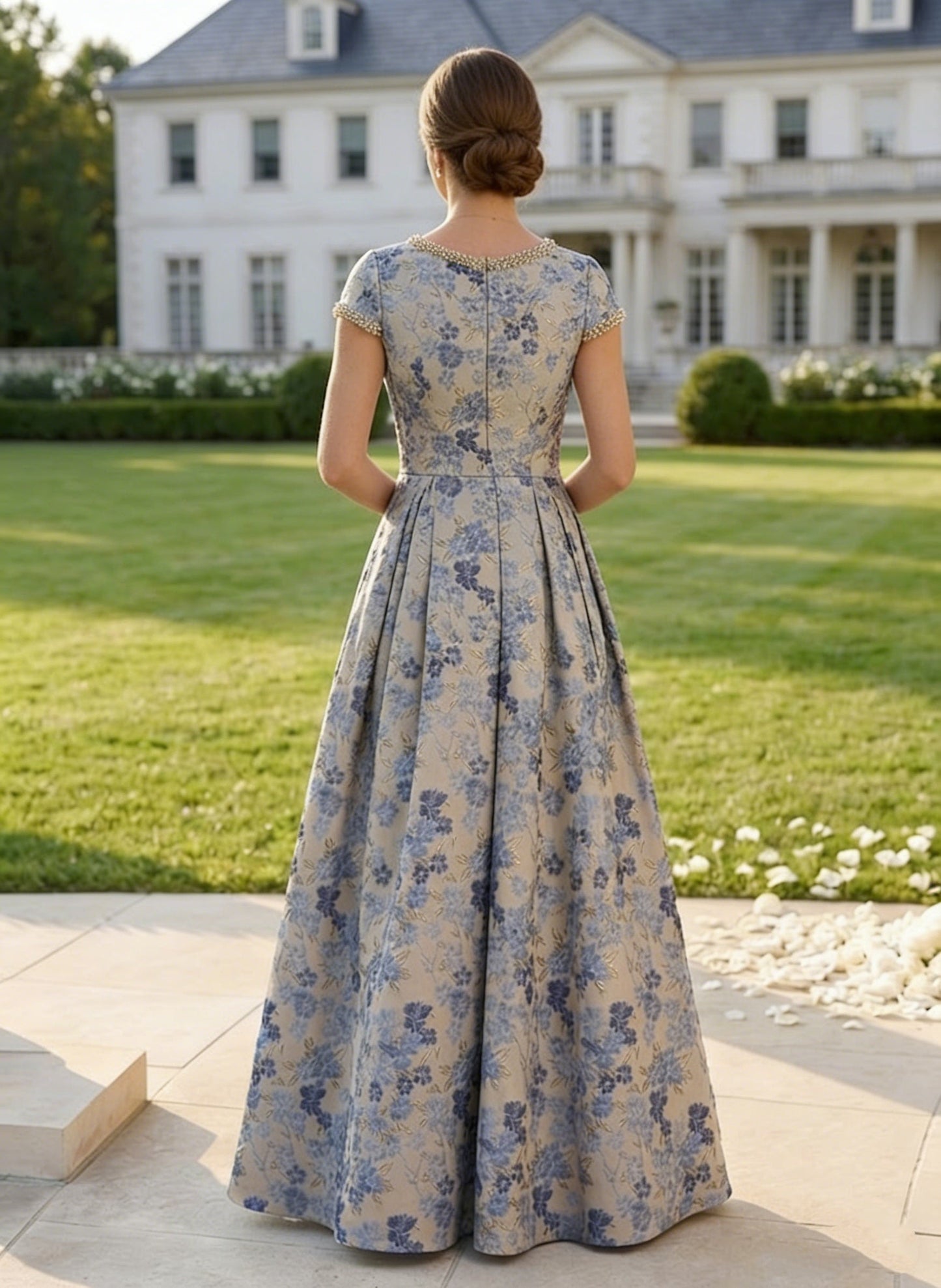 Floral Short Beading Sleeves Floor Length Mother of the Bride Dresses
