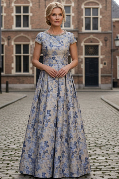 Floral Short Beading Sleeves Floor Length Mother of the Bride Dresses