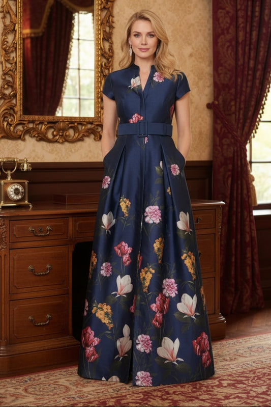 Printed Satin Mother of the Bride Dresses Floral Short Sleeves Floor Length Belt