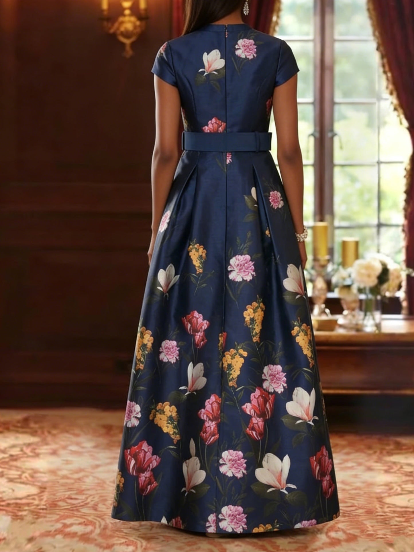 Printed Satin Mother of the Bride Dresses Floral Short Sleeves Floor Length Belt