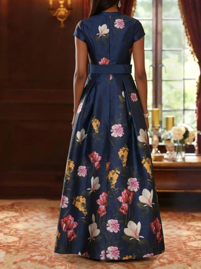 Printed Satin Mother of the Bride Dresses Floral Short Sleeves Floor Length Belt