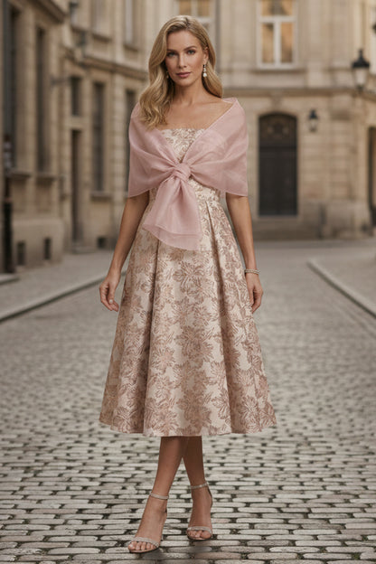 Sleeveles Strapless Tea Length Mother of the Bride Dresses with Wrap Floral