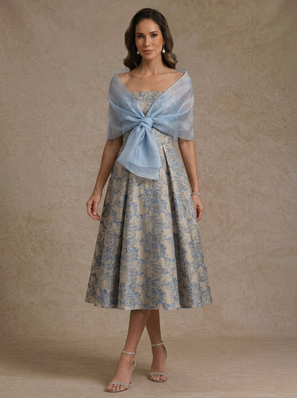 Sleeveles Strapless Tea Length Mother of the Bride Dresses with Wrap Floral