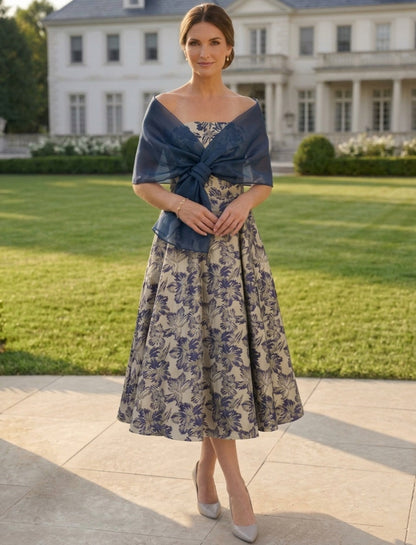 Sleeveles Strapless Tea Length Mother of the Bride Dresses with Wrap Floral
