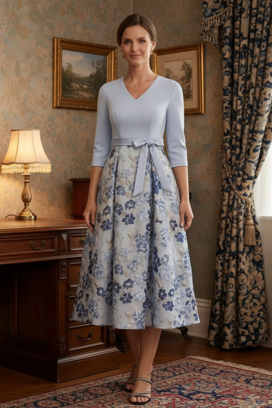 A-Line Mother of the Bride Dresses 3/4 Sleeves Floral Tea-Length Bowknot