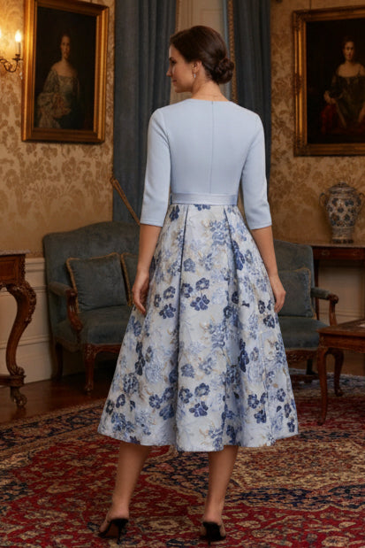A-Line Mother of the Bride Dresses 3/4 Sleeves Floral Tea-Length Bowknot