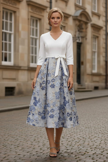 A-Line Mother of the Bride Dresses 3/4 Sleeves Floral Tea-Length Bowknot