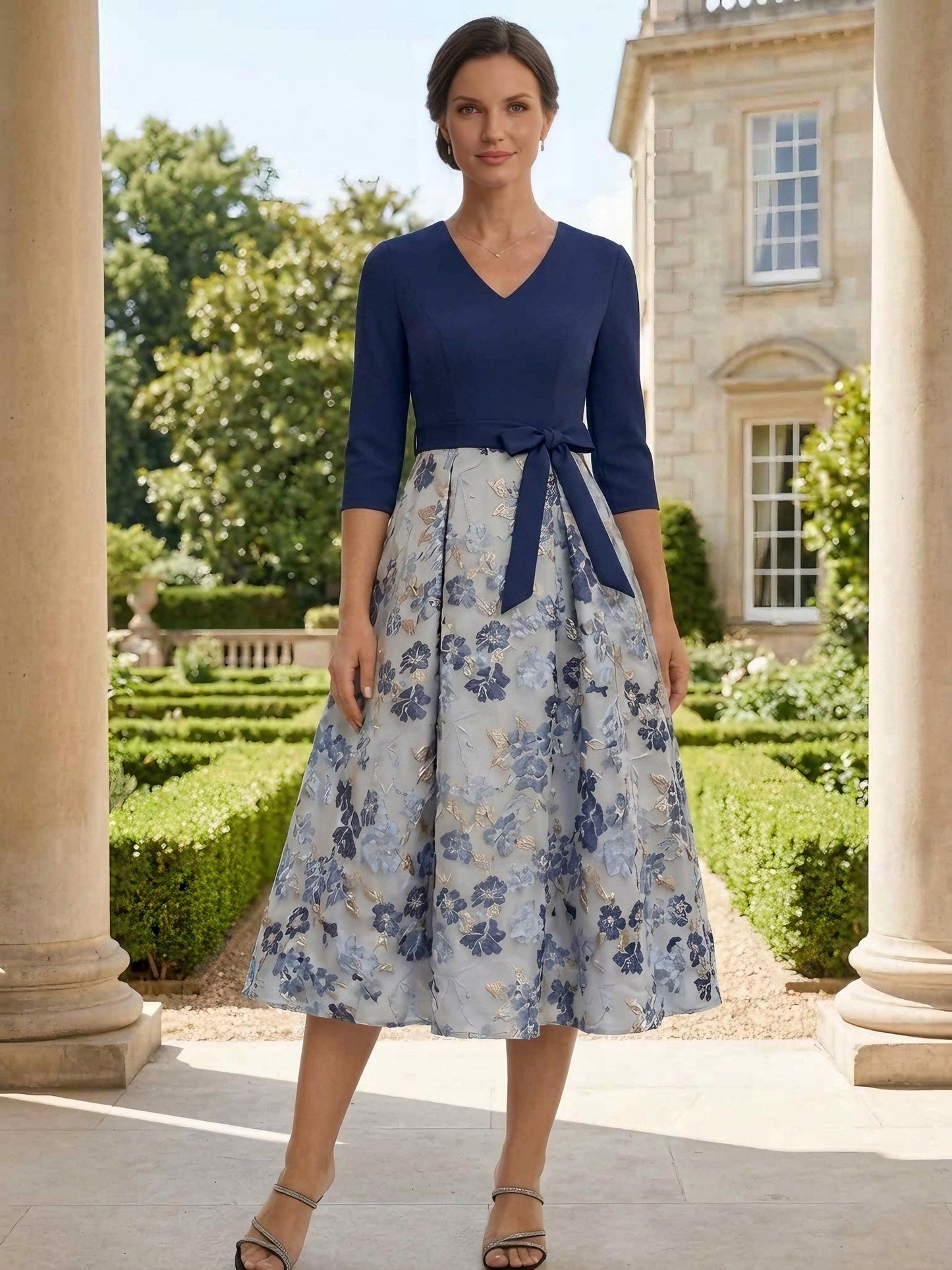 A-Line Mother of the Bride Dresses 3/4 Sleeves Floral Tea-Length Bowknot