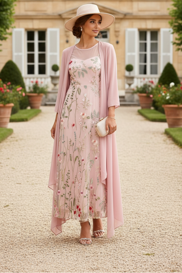 2 Pieces A-Line/Princess Scoop Chiffon Mother of the Bride Dresses with Jacket Long Sleeves Ankle-Length Lace Floral