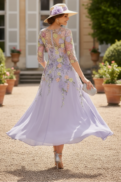 A-Line/Princess V-Neck Chiffon Mother of the Bride Dresses Half Sleeves Lace Floral Asymmetrical Tea-Length