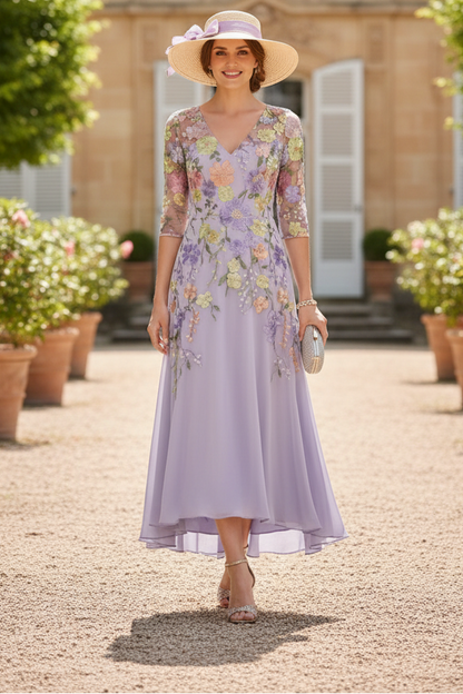 A-Line/Princess V-Neck Chiffon Mother of the Bride Dresses Half Sleeves Lace Floral Asymmetrical Tea-Length