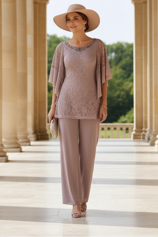 2 Piece Scoop Chiffon Mother of the Bride Pantsuits Half Sleeves Ankle-Length Lace Floral Beading