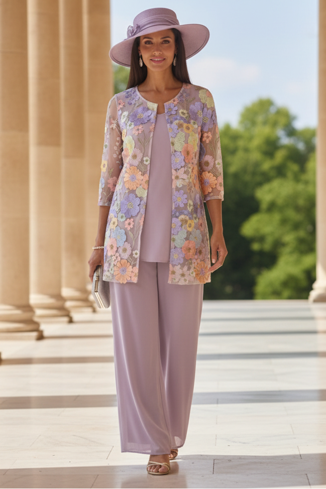 3 Pieces Suit Scoop Chiffon Mother of the Bride Pantsuits with Jacket Half Sleeves Lace Floral Ankle-Length